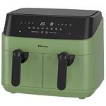 EMtronics EMAFDD9LSG Dual Air Fryer Extra Large Family Size Double XL 9 Litre 8 Adjustable Pre-Set Menus for Oil Free & Low Fat Healthy Cooking, Easy Clean Metal Interior, 99-Minute Timer - Sage Green