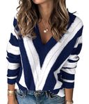 PRETTYGARDEN Women's Fashion Long Sleeve Striped Color Block Knitted Sweater Crew Neck Loose Pullover Jumper Tops, Striped Blue, Small