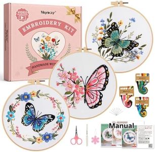 Meyocky Embroidery Kit for Beginners Adults, 3-Piece Butterfly Needlepoint Kits with Flowers Stamped Patterns Instructions & Stitch Videos Hoop Threads Needles, Gift for Craft Lovers