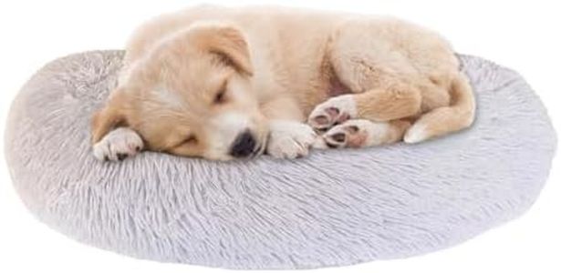 Epic Paws Round Cat and Dog Beds, Small, Plush Anxiety Calming Fluffy Donut Washable Removable Cover Anti-Slip Pet Beds, Light Grey, 60cm