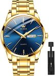 OLEVS Gold Steel Watches for Men Blue Face,Day Date Watches Men Gold with Date Day,Mens Watch Dress Waterproof,Luminous Classic Watch