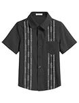 Arshiner Boys Button Down Shirt Linen Kids Cotton Short Sleeve Tops with Embroidered Printed Summer Casual Chest Pocket Shirts for Boys 12-13 Years Black