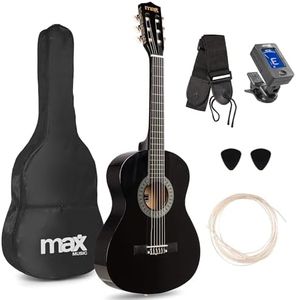 MAX SoloArt Junior 3/4 Beginner Acoustic Guitar Starter Kit, Black Wooden Childrens Guitar with Nylon Strings, Ideal Kids Musical Instrument for Learning