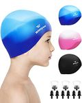 Winsyne 3 Pack Swimming Cap Kids for Boys Girls, Unisex Silicone Swim Cap Kids for 3-15 Toddler Children Teen, Waterproof Bathing Caps for Short/Long Hair to Keep Hair Dry-Multicolor-01