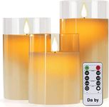 Da by Flameless Candles with Glass Effect H 10/12.5/15 cm Set of 3 Drip-Less Real Wax Pillars Include Realistic Dancing LED Flames and 10-Key Remote Control with 24-Hour Timer Function