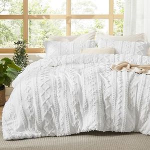 Bedsure Tufted Boho Comforter Set Oversized King - Bright White Boho Bed Set, GentleSoft™ 3 Pieces Farmhouse-Style Embroidery Bedding, Gifts for Woman, Soft Jacquard Kids' Comforter for All Seasons