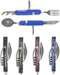 UNCLE JAKE 4 Set 6-in-1 Camping Utensil Stainless Steel Fork Knife Spoon Bottle Opener, Travel Cutlery Hobo Set with both hands