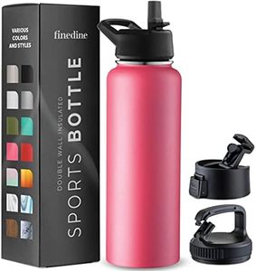 FineDine Triple Walled, Insulated Water Bottles with Straw - 40 Oz Stainless Steel Metal Bottle W/ 3 Leak Proof Lids - For Travel, School, Sports, Gym/Men, Women & Kids - Striking French Rose
