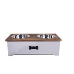 Luxury Dog Food Feeding Stand Station Stainless Double Raised Bowls Wooden Crate (Grey, Medium)