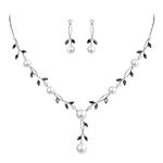 EVER FAITH Bridal Jewelry for Bride CZ Crystal Pink Simulated Pearl Floral Vine Filigree Necklace Earrings Set Black