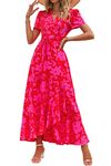 PRETTYGARDEN Women's Summer Wrap Maxi Dress Casual Boho Floral V Neck Short Sleeve Ruffle Hem Split Beach Long Dresses (Red Floral,X-Small)