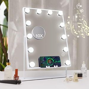 Hansong Bluetooth Vanity Makeup Mirror with Wireless Charging Hollywood Vanity Mirror with 12 Bulbs Lighted Hollywood Mirror 360 Degree Rotation