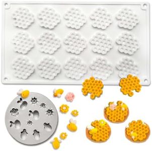 Acxydm 2PCS 15 Cavity Honeycomb Mold & Bee Silicone Tuile Molds,Honey comb Baking Mold,3D Beehive Candy Silicone Honey Fondant Molds,Chocolate silicone baking set Sugar Bees for Cake Decorating