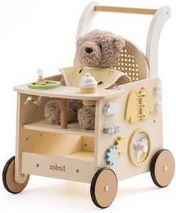 ROBUD Wooden Baby Walker for Toddlers, Baby Doll Stroller Walker with Activity Center Walkers for 1 2 3 Year Old, Baby Push Along Walker with Safety Brake, Gifts Toys for Boys Girls 10+ Months