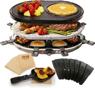 M4Y Electric Raclette Luxury Stone Grill Plus Extra Non-Stick Crepe Top Attachment + A Set of 8 Wooden Coasters, 8 Colour Coded Fondue Cheese Non stick Pans and 8 X Spatulas, 1200W Thermostat Control