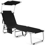 Goplus Lounge Chaise Chair, Foldable 5-Position Adjustable Tanning Sun Bating Chair w/ 360°Canopy & Side Pocket, Outdoor Beach Recliner for Garden Yard Pool Side (1, Black)