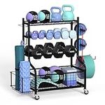 Dumbbell Rack - ZACHVO Weight Rack - Dumbbell Stand for Home Gym with 4 Tiers, Wheels and 8 Hooks - 160KG Load Capacity Dumbbells Rack for Kettlebell and Yoga Mat, Ball, Block, Strap