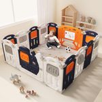 Dawnwake No Assembly 14 Panel Playpen with Crawling Mat and Football Playard for Babies to 8 Years Baby Fence with Safety Locking Door(150 x 150 cm)-Blue
