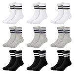 Auranso Toddler Socks 9 Pairs Kids Athletic Cushioned Ankle Crew Socks Black White Grey Striped Cotton School Sports Socks for Boys Girls Junior, 2-4 Years