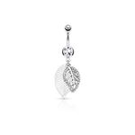 CZ Paved Leaves Dangle 316L Surgical Steel Jeweled Belly Button Navel Ring (Silver Tone)