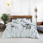 YuHeGuoJi Grey Floral Duvet Cover King 100% Egyptian Cotton Light Blue Botanical Duvet Cover 3 Pcs Set 1 Farmhouse Flower Duvet Cover with Zipper Ties 2 Pillowcases Summer Plant Bedding Set