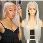 Sapphirewigs Platinum Grey Straight Lace Front Wigs 13x6 Long Straight Wig for Women Kanekalon Futura Synthetic Wig 150% Density Party Daily Wear Heat Resistant 26inch