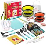 Baketivity Kids Cooking Set Real Utensils With Kitchen Tool Guide - Complete Junior Cooking Set Gift For Girls Or Boys With Mixing Bowls, Cutting Board, Knife, Apron - Kids Baking Set For Real Cooking
