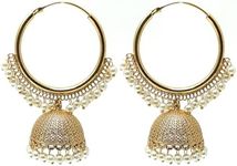 Womens Gold Plated Everyday Wear Infinity Hoop Chandelier Jhumka Earrings with Tiny White Pearls and Zircon - Trendy Fashion Stylish Gifts For Her - Duel On Jewel