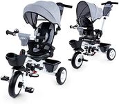 JMMD Baby Trike, 6-in-1 Kids Tricycle with Adjustable Push Handle, Removable Canopy, Safety Harness for 18 Months - 5 Year Old, Gray