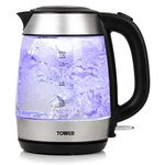 Tower T10040 Fast Rapid Boil Glass Kettle, Cordless with Easy Grip Touch Handle, Durable Schott Glass Body with Blue LED Illuminations, 3000 W, 1.7 Litre, Stainless Steel Finish