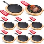 Mimorou 8 Sets Cast Iron Skillet Round Fajita Pan 7.87 Inch Fajita Plate Sizzler Pan with Wooden Base and Anti Scald Protection Hot Mitt for Kitchen BBQ Home Party Restaurant Catering Service