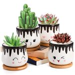 Hedume Set of 4 Succulent Pots with Bamboo Tray, 4 Inch Cute Hot Chocolate Ceramic Succulent Planter with Little Drainage Hole, Small Ceramic Plant Flower Pots for Home and Office Decoration
