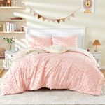 VIVILINEN 3-Piece Pink King Size Bedding Set Pom Pom Tufts Comforter Set Boho Tufted Dots Bed Set for Girls Jacquard Embroidery Bed-in-a-Bag Bohemian Quilt Set with Comforter, 2 Pillowcase