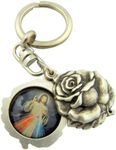 Religious Gifts Silver Tone Two Sided Catholic Saint Icon Sliding Rosebud Medal Key Chain, 1 3/4 Inch Saint Padre Pio with Divine Mercy Silver