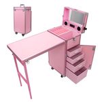 CALISTOUK Foldable Makeup Train Case,Rolling Manicure Table with Mirror,Pink Aluminum Nail Workstation Desk with 4 Drawers Music Speaker, Lockable Cosmetic Trolley for Salon Travel