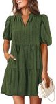 KIRUNDO Eyelet Summer Dresses for Women Mini Casual Hollow Out Short Sleeve Lace Tiered V Neck Shift Dress with Pockets(Army Green, XX-Large)