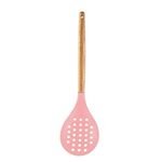 Spatlus Woodtula Silicone Skimmer Spoon, Wooden Handle Seamless Nonstick BPA-Free & Heat Resistant up to 445°F, Kitchen Strainer Spoon Pasta Spaghetti Noodles and Frying 32 cm Pink