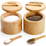 Lawei 2 Pack Bamboo Salt and Pepper Bowls, Round Salt Container with Magnetic Swivel Lids and Spoons, Bamboo Salt Cellars, Seasoning Storage Holder Box for Salt, Pepper, Sugar, Spice