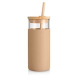 Tronco 20 oz Glass Tumbler with Straw and Bamboo lid,Wide Mouth Smoothie Cups,Reusable Iced Coffee Cup, Tumbler with Silicone Protective Sleeve - BPA Free（Amber）