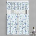 Ambesonne Starfish Valance & Tier Curtain 3 pcs Set, Nautical Sea Creature in Calm Tones Underwater Themed Art, Window Treatments for Room Kitchen Decor, 55" x 24", Almond Green Azure Blue