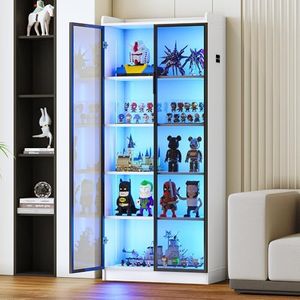 MDGC 65" Display Cabinet with Acrylic Glass Door, LED Bookcase with Human Sensor 3-Color Lights, 5-Tier Curio Storage Cabinet with Adjustable Shelf for Collectibles,Bedroom,Living Room,Office