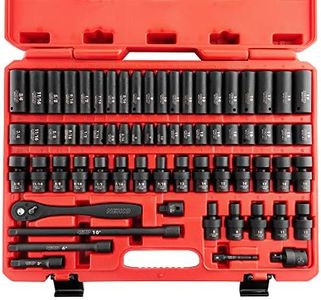 NEIKO 02471A Impact Socket Set, 3/8” Drive, 67 Piece, Metric and Standard Master Socket Set with Shallow & Deep Swivel Sockets, Ratchet, Extension Bars, Adapters, Cr-V & Cr-Mo