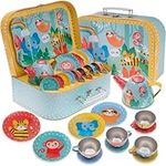 Jewelkeeper Vibrant Tin Tea Set for Kids with Jungle Animals - Pretend Play Teapot Set with Carrying Case - Durable, BPA-Free Design - Complete 15-Piece Playset Including Serving Tray