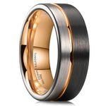 King Will Loop Tungsten Carbide Wedding Band 8mm Rose Gold Line Ring Black and Silver Brushed Comfort Fit 10.5