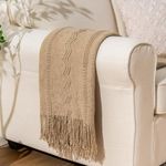 BATTILO HOME Tan Throw Blanket for Sofa Couch Office Living Room Home Decor Lightweight Textured Soft Cozy Knit Throw with Tassels Suitable All Seasons 50"x60"