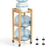 3-Tier 5 Gallon Water Jug Holder with Top Shelf – 4 Metal Wheels or Adjustable Feet – Natural Hardwood Water Dispenser Floor Stand – Wooden Organizer for Kitchen, Office, Garage – Space-Saving Design
