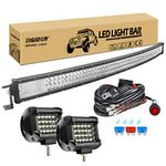RIGIDON Curved 50 inch 648W Led Light Bar With 1 Pcs 12V 2 Lead Wiring Harness Cable Kit, 2 Pcs 4inch 60W Led Work Light for Car Off road Truck Tractors SUV 4x4, Flood Spot Combo Beam, 6000K White