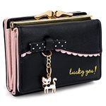 UTO Wallet for Girls Leather Vegan Cute Cat Pendant Bowknot Card Holder Organizer Women Coin Purse Black