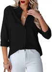 hellobaby Womens Button Down Shirts V Neck Long Sleeve Office Casual Business Plain Blouse Tops with Pocket (X-Large, Black)