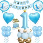 Blue 1st Birthday Decorations Boys - 47 Pieces 1st Baby Boys Birthday Decor Happy Birthday Banner No.1 Crown Heart Round Foil Balloon White Gold Latex Balloon Cake Topper for Kids 1st Birthday Decor